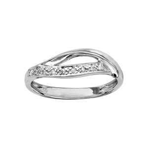 Bague en argent rhodi amande ajoure avec un bord lisse et l\'autre orn d\'oxydes blancs sertis - Vue 1