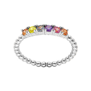 Bague en argent rhodi anneau avec boules d'oxydes multcolores pastels serties