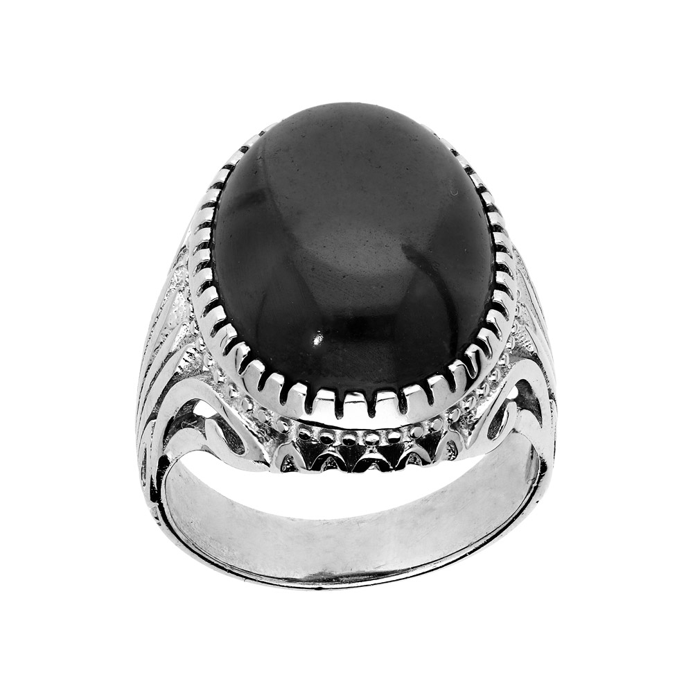 Bague en Argent rhodi� anneau cisel� orn� d\'1 grosse Agate noire - Vue 1