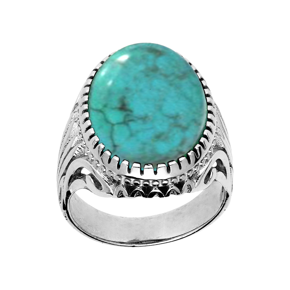 Bague en Argent rhodi� anneau cisel� orn� d\'une Turquoise de synth�se - Vue 1