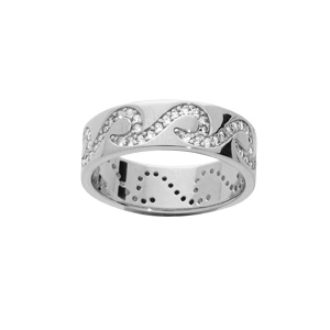 Bague en argent rhodi anneau motif vagues oxydes blancs sertis - Vue 1