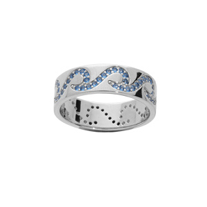 Bague en argent rhodié anneau motif vagues oxydes bleus sertis - Vue 1
