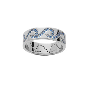 Bague en argent rhodi anneau motif vagues oxydes bleus sertis - Vue 1