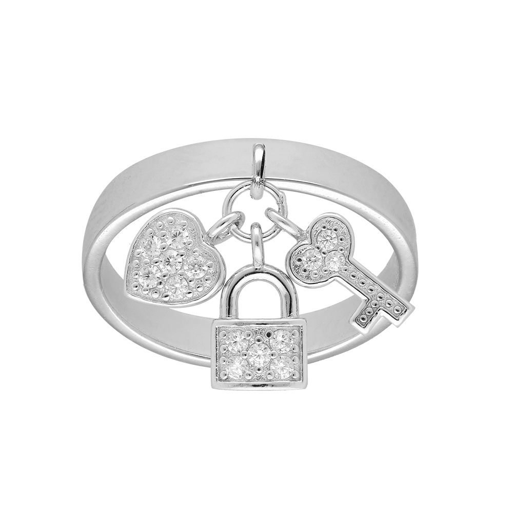 Bague en argent rhodi anneau ruban avec breloques cadenas coeur clefs et oxydes blancs - Vue 1