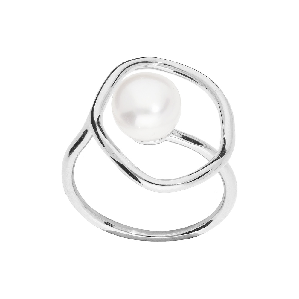 Bague en argent rhodi� anneau stylis� avec perle blanche de synth�se - Vue 1