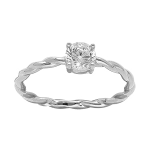 Bague en argent rhodi anneau torsad avecun solitaire d'oxyde blanc serti