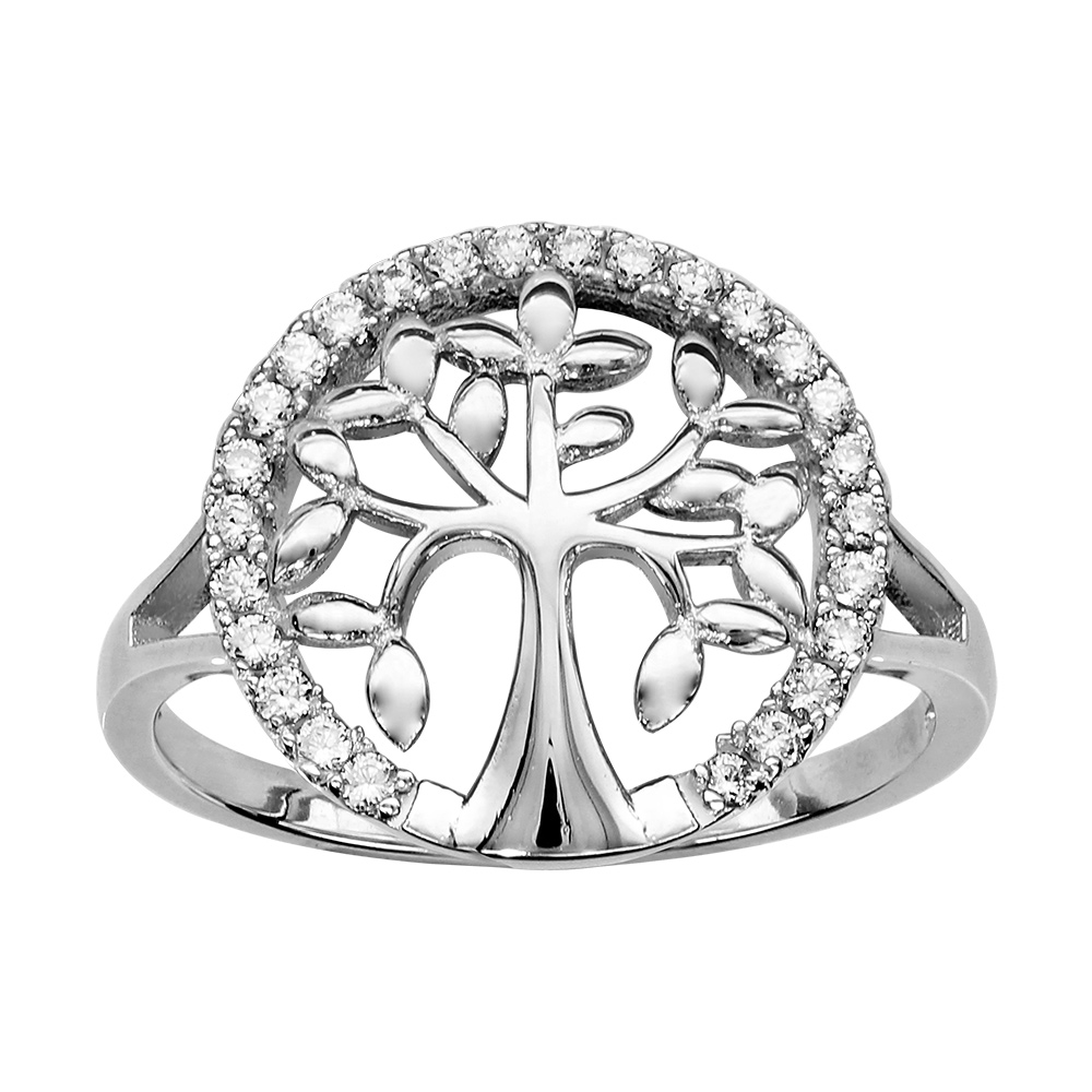 Bague en argent rhodi� arbre de vie ajour� avec tour orn� d\'oxydes blancs sertis et branches lisses - Vue 1