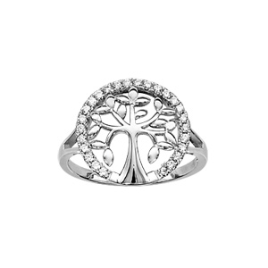 Bague en argent rhodi arbre de vie ajour avec tour orn d\'oxydes blancs sertis et branches lisses - Vue 1