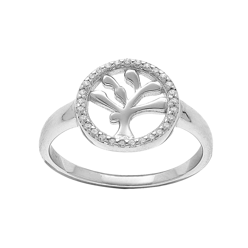 Bague en argent rhodi� arbre de vie avec pourtour d\'oxydes blancs sertis - Vue 1