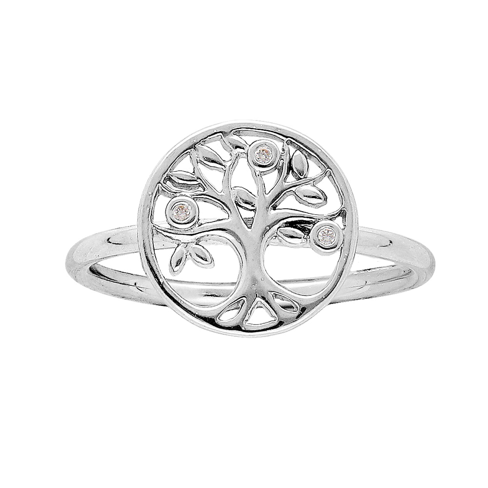 Bague en argent rhodi� arbre de vie et oxydes blancs sertis - Vue 1
