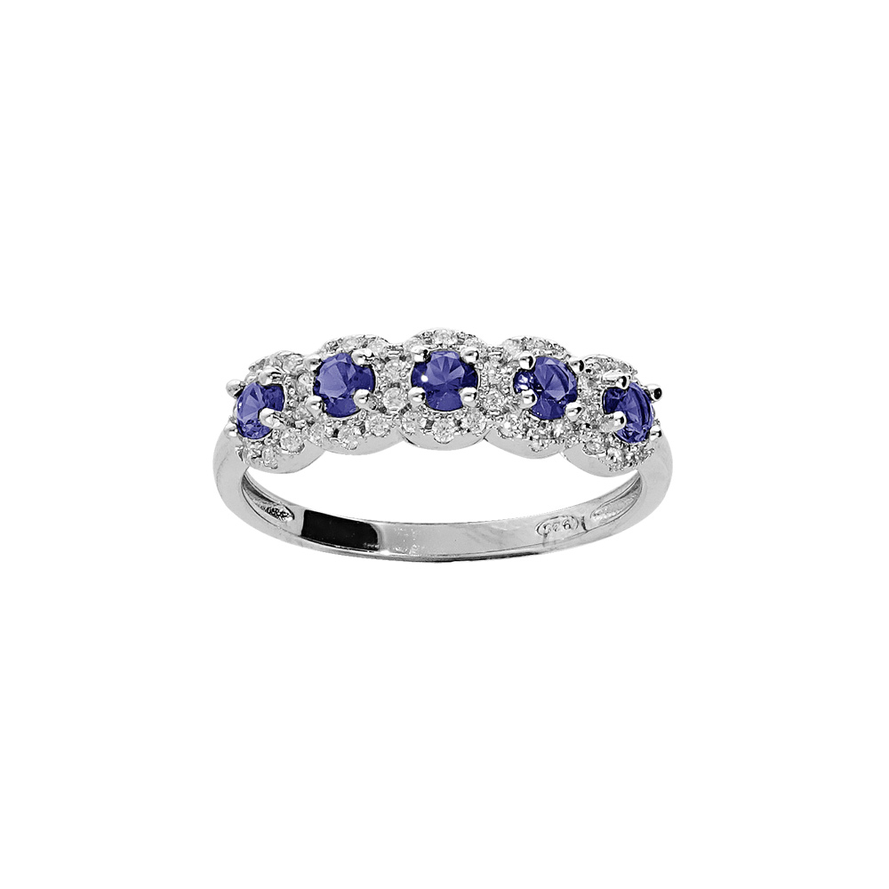 Bague en argent rhodi� arc de pierres bleues et contour oxydes blancs sertis - Vue 1