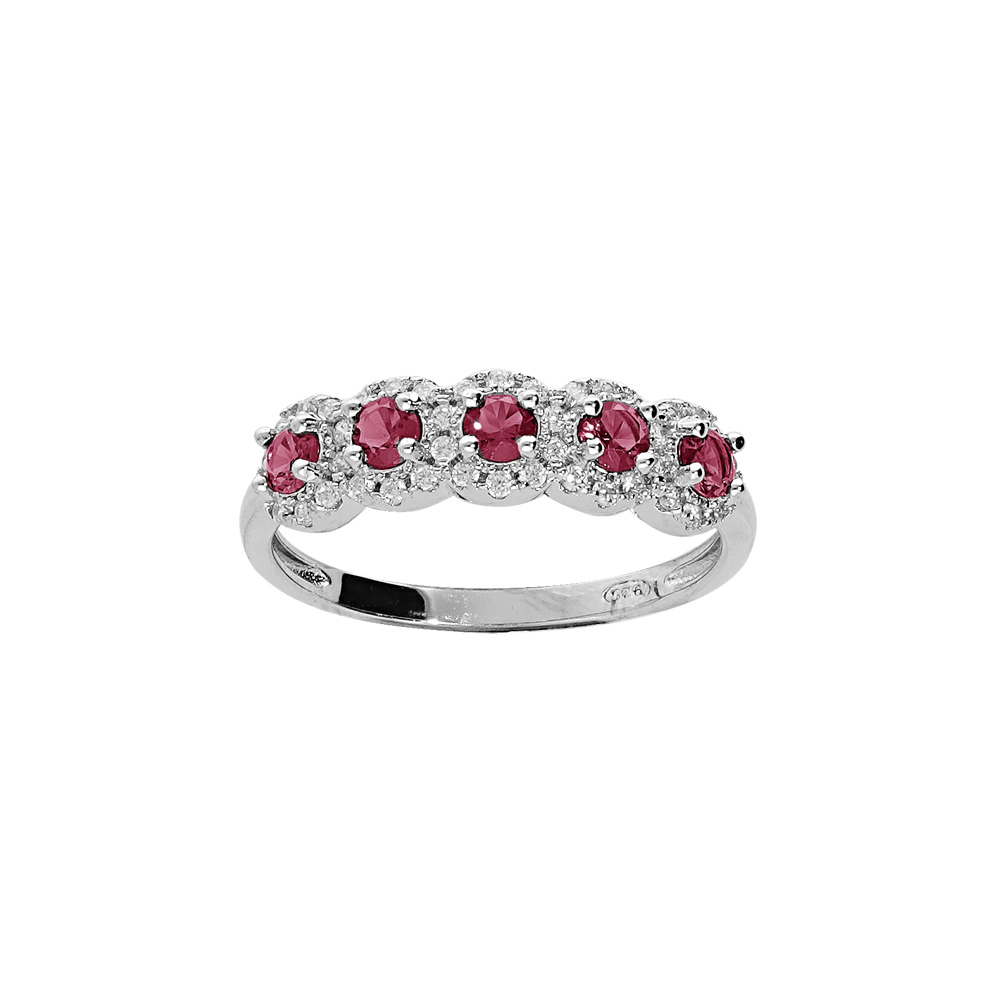 Bague en argent rhodi� arc de pierres roses et contour oxydes blancs sertis - Vue 1