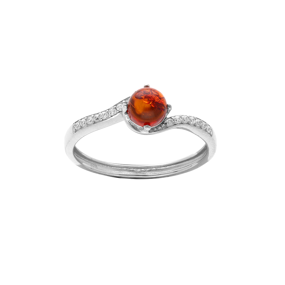 Bague en argent rhodi� avec 1/2 rails d\'oxydes blancs sertis et ambre v�ritable au centre - Vue 1