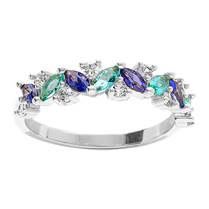 Bague en argent rhodi� avec alternance pierre navettes bleu iris� et vert lagon rehauss�e d'oxydes blancs