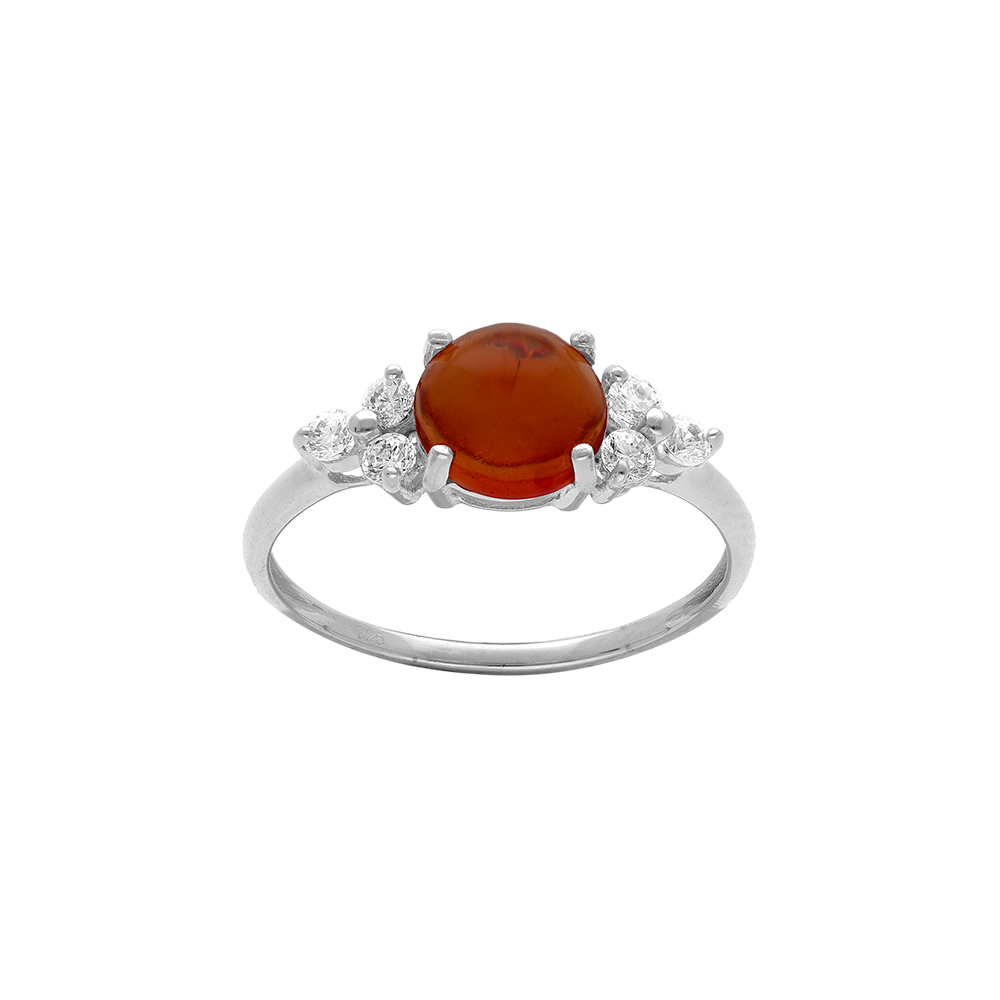 Bague en argent rhodi� avec ambre v�ritable centrale et d\'oxydes blancs - Vue 1