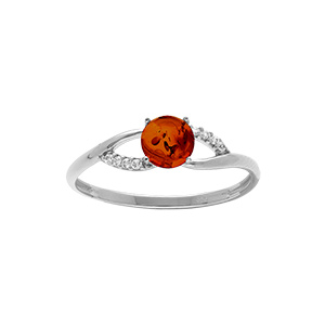 Bague en argent rhodié avec ambre véritable croisée et oxydes blancs - Vue 1