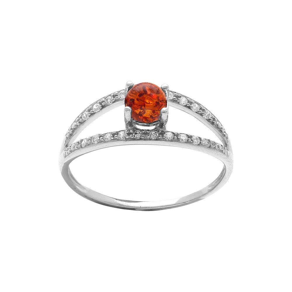 Bague en argent rhodi� avec ambre v�ritable et deux rangs d\'oxydes blancs - Vue 1