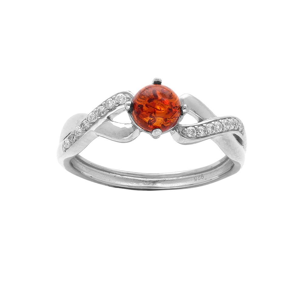 Bague en argent rhodi� avec ambre v�ritable et rails crois�s d\'oxydes blancs - Vue 1