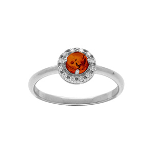 Bague en argent rhodié avec ambre véritable ronde contour orné d\'oxydes blancs - Vue 1