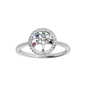 Bague en argent rhodi avec arbre de vie multi couleurs contour oxydes blancs sertis - Vue 1