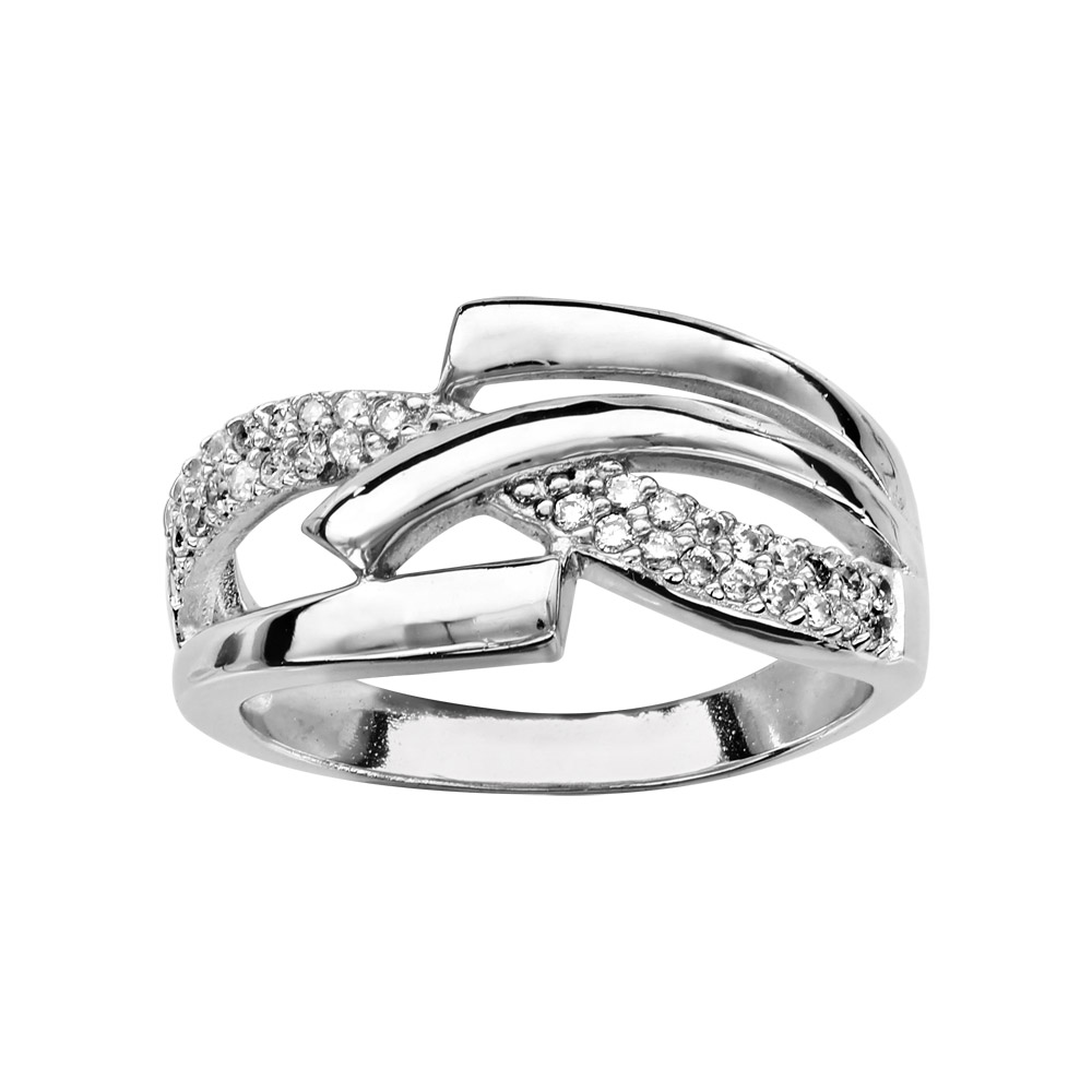 Bague en argent rhodi avec 1 bande d\'oxydes blancs sertis et brins lisses croiss - Vue 1