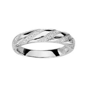 Bague en argent rhodi avec bandes en biais d\'oxydes blancs micro-sertis - Vue 1