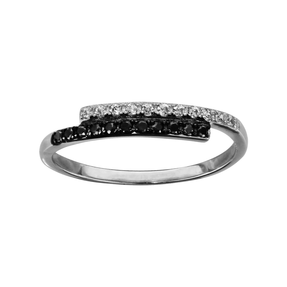 Bague Ying Yang En Argent 925 Rhodié Avec Diamants Et Onyx - Taille 50 à 60