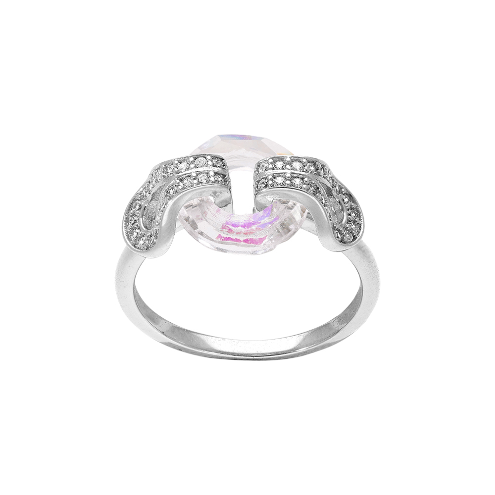 Bague en argent rhodi avec cercle verre facet blanc et volute d\'oxydes blancs sertis - Vue 1