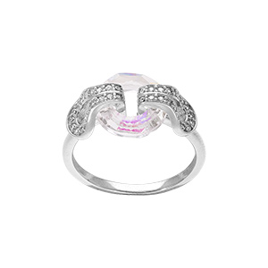 Bague en argent rhodié avec cercle verre faceté blanc et volute d\'oxydes blancs sertis - Vue 1