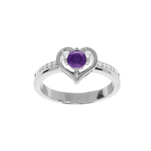 Bague en argent rhodi avec coeur Amethyste vritable et oxydes blancs sertis - Vue 1