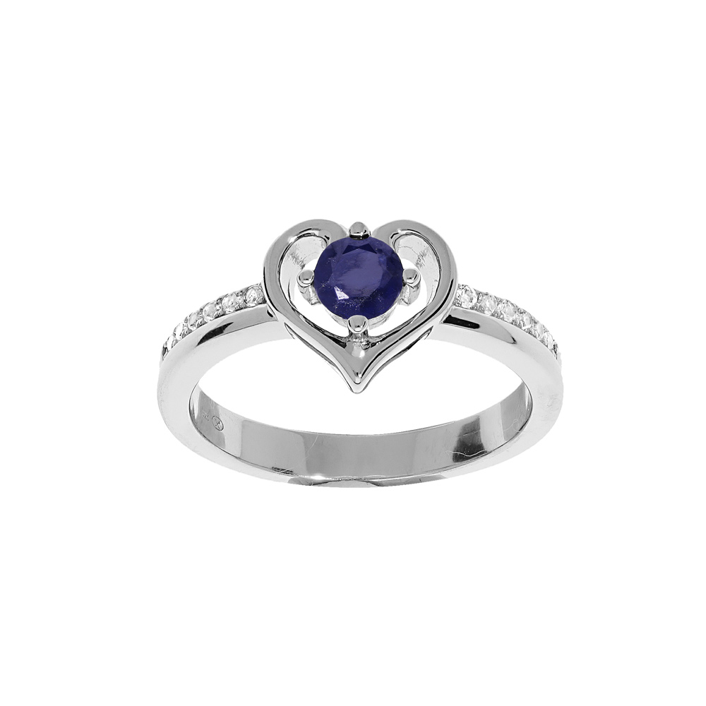 Bague en argent rhodi� avec coeur oxyde bleu et blancs sertis - Vue 1