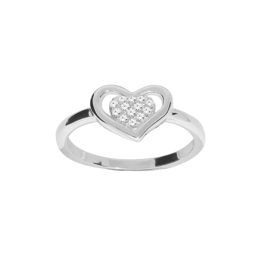 Bague en argent rhodi� avec coeur oxydes blancs sertis - Vue 1