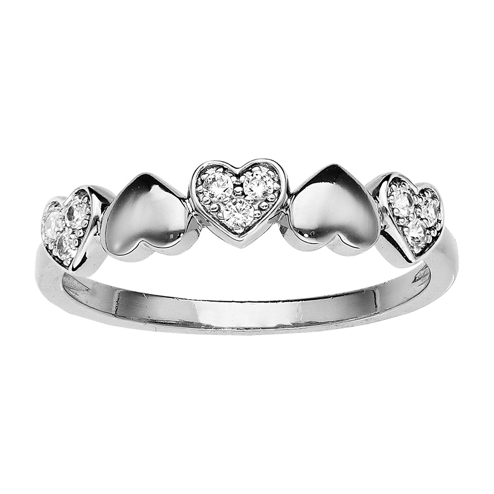 Bague en argent rhodi� avec coeurs lisses et coeurs d\'oxydes blancs sertis - Vue 1