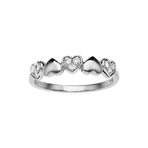 Bague en argent rhodi avec coeurs lisses et coeurs d\'oxydes blancs sertis - Vue 1