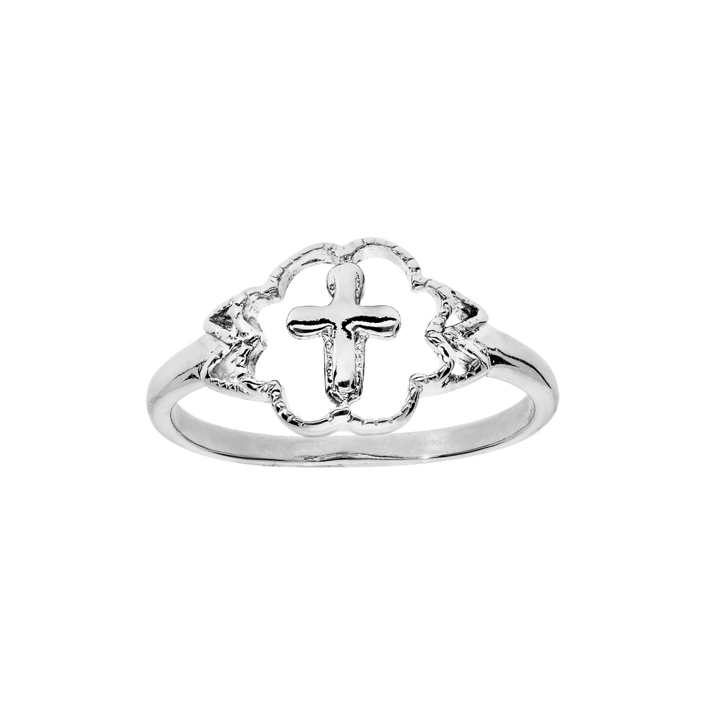 Bague en argent rhodi� avec Croix dans d�coupage - Vue 1