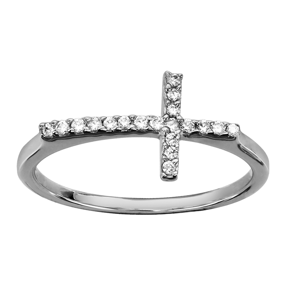 Bague en argent rhodi� avec croix en oxydes blancs sertis - Vue 1