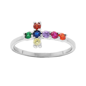 Bague en argent rhodi avec croix multi couleurs - Vue 1