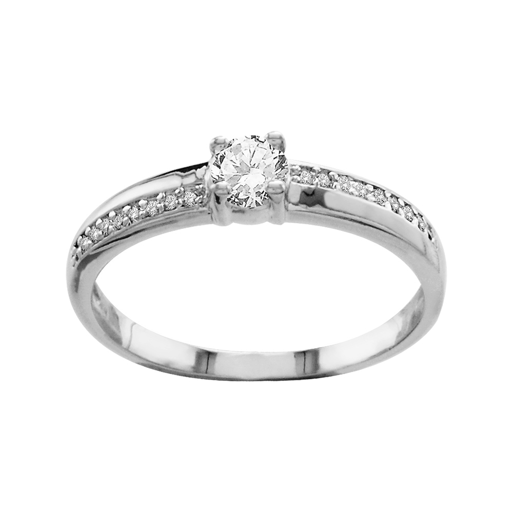 Bague en argent rhodi� avec demi-rails d\'oxydes blancs en d�call� et solitaire en oxyde blanc - Vue 1