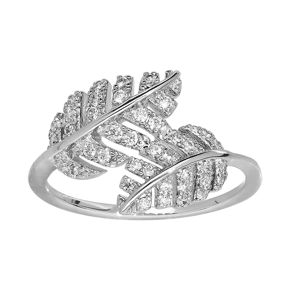 Bague en argent rhodi� avec feuillage crois� orn� d\'oxydes blancs sertis - Vue 1