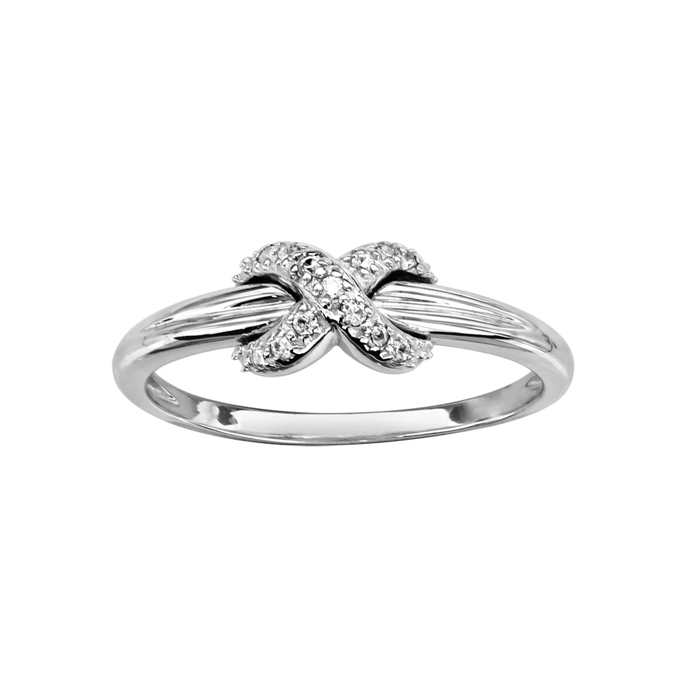 Bague en argent rhodi avec noeud orn d\'oxydes blancs sertis emmaill sur l\'anneau - Vue 1