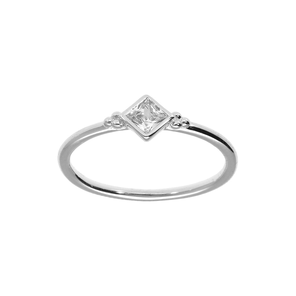 Bague en argent rhodi� avec oxyde blanc serti, clos en forme de carr� - Vue 1