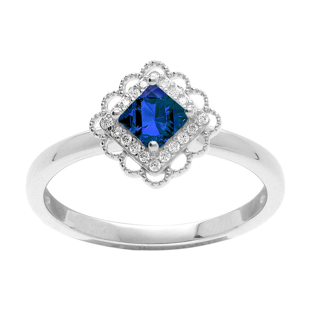 Bague en argent rhodi� avec oxyde bleu carr� serti et halo d\' oxydes blancs - Vue 1