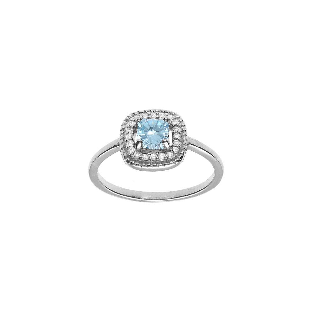 Bague en argent rhodi� avec oxyde carr� bleu ciel central et contour d\'oxydes blancs - Vue 1