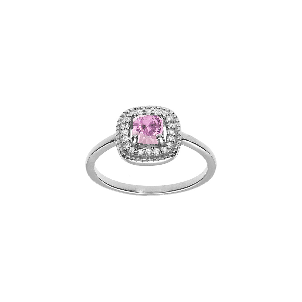 Bague en argent rhodi� avec oxyde carr� rose central et contour d\'oxydes blancs - Vue 1