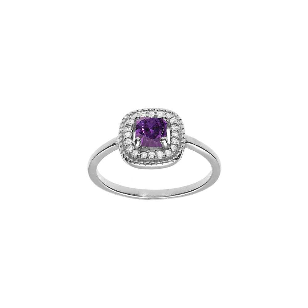 Bague en argent rhodi� avec oxyde carr� violet central et contour d\'oxydes blancs - Vue 1