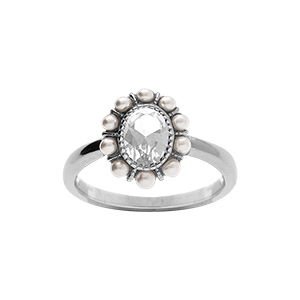 Bague en argent rhodi avec oxyde central blanc et contour de perles blanches  imitation - Vue 1