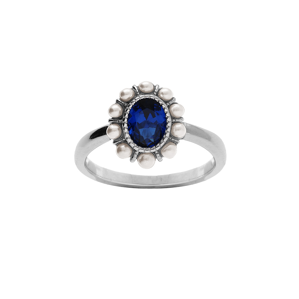 Bague en argent rhodi� avec oxyde central bleu contour perle blanches imitation - Vue 1