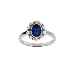 Bague en argent rhodié avec oxyde central bleu contour perle blanches imitation - Vue 1