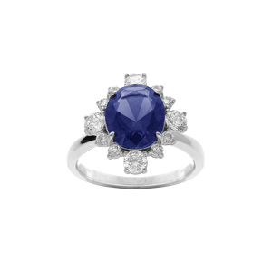 Bague en argent rhodié avec oxyde central bleu foncé et contour oxydes blancs sertis - Vue 1
