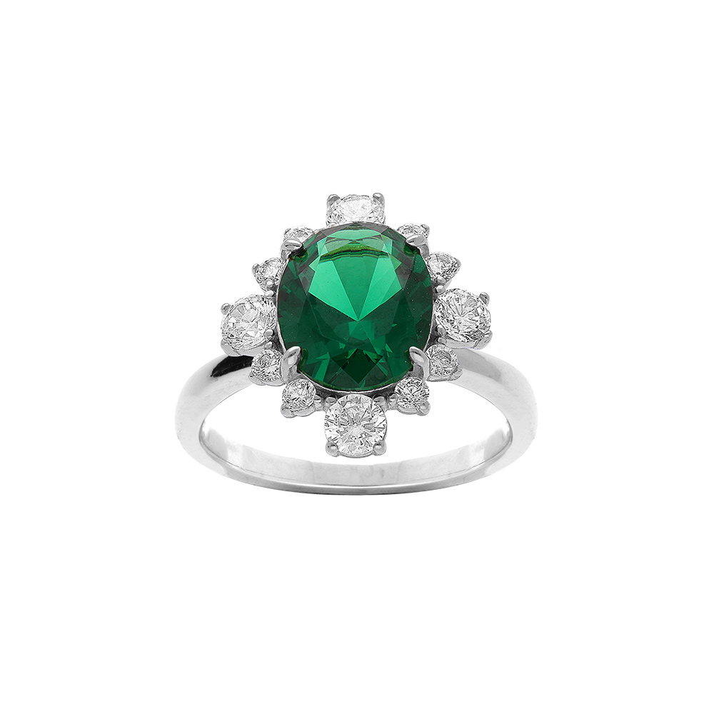 Bague en argent rhodi� avec oxyde central vert et contour oxydes blancs sertis - Vue 1